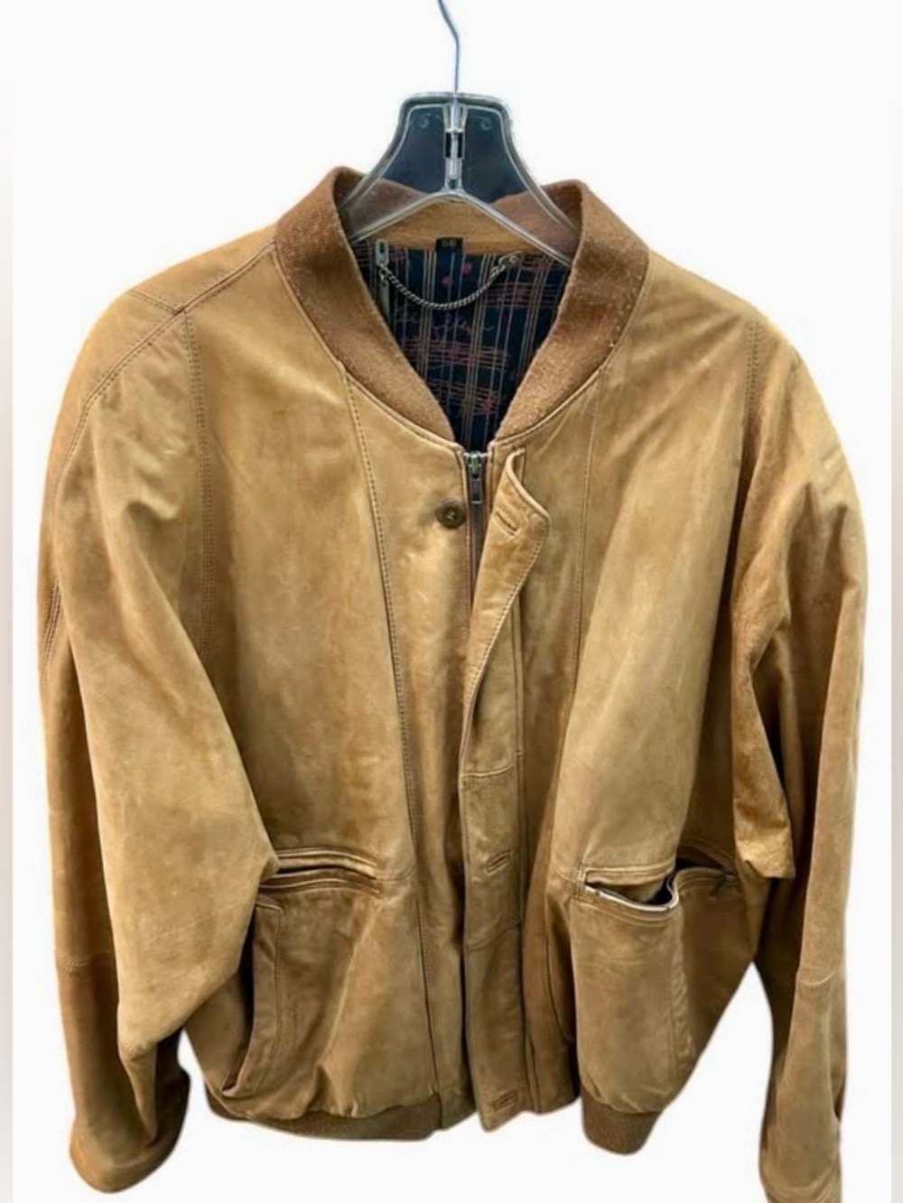 Men's Tan Suede Bomber Jacket with Ribbed Collar